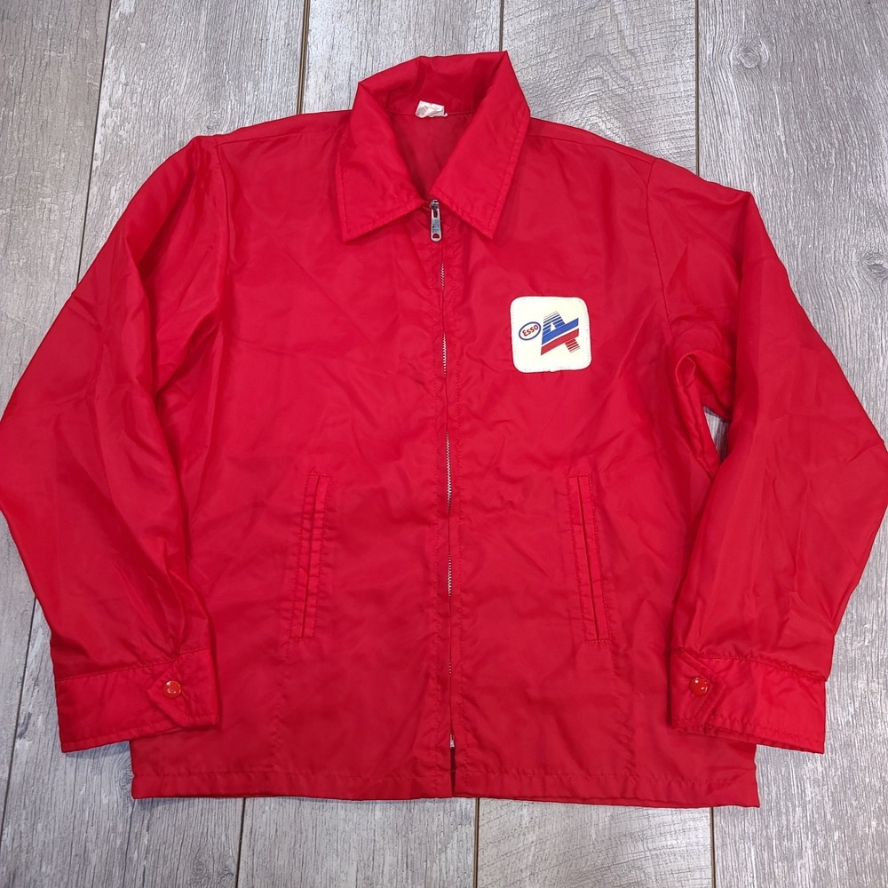 Vintage Esso 4T Moto Oil Mens Full Zip Jacket Size Medium Red Employee Workwear